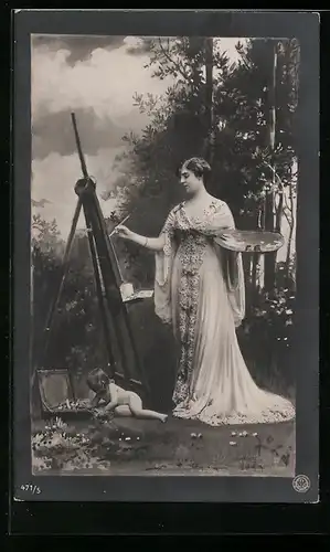 AK Junge Malerin an der Staffelei und Kleinkind in einer Landschaft