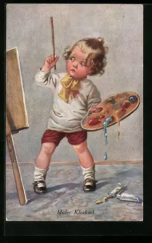 Künstler-AK Maler Klecksel Junge mit Palette vor der Leinwand