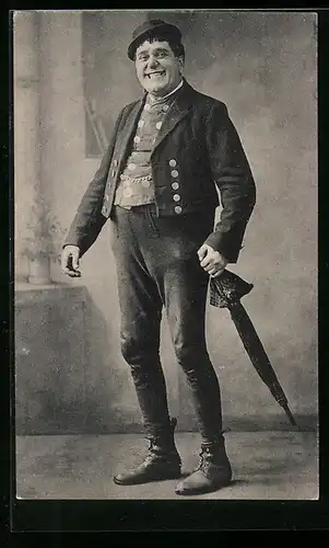 AK Max Lampl, Bayerischer Lederhosen-Humorist, Portrait mit Stockschirm