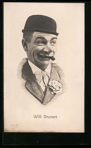 AK Komiker Willi Grunert, Portrait mit Zigarrenstummel und Melone