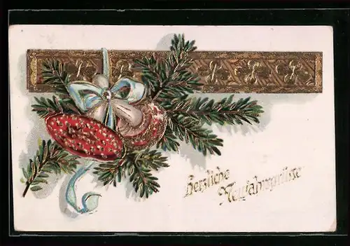 Präge-AK Fliegenpilze und Tannenzweig, Neujahrsgruss
