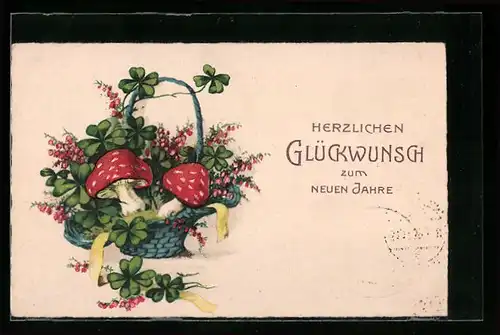 AK Fliegenpilze und Kleeblätter im Korb, Neujahrsgruss