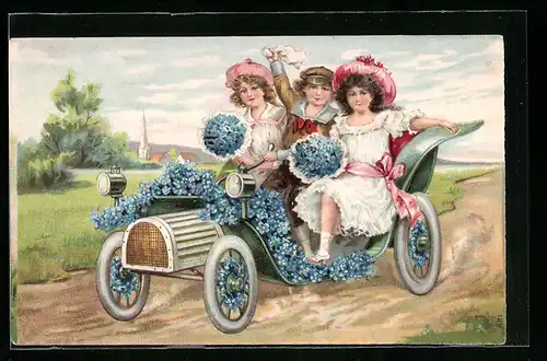 Präge-AK Junger Mann und zwei Damen mit Blumen im Auto, Geburtstagsgruss