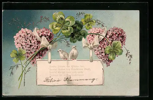 AK Herzen aus Blumen mit Kleeblättern und weissen Tauben