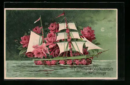 Präge-AK Blumenbild eines mit Rosen verzierten Segelschiffes