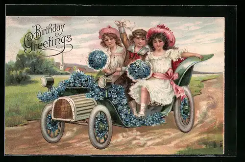 Präge-AK Junger Mann und zwei Damen mit Blumen im Auto, Geburtstagsgruss