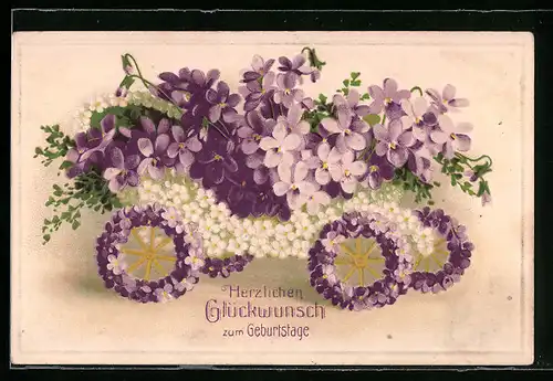 Präge-AK Blumenbild, Auto aus Veilchen
