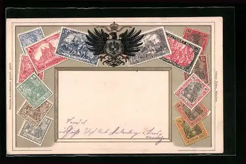 Präge-AK Briefmarken und Wappen des Deutschen Reichs