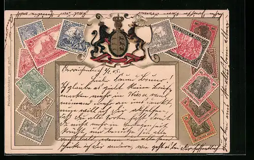 Lithographie Deutsches Reich, Wappen und Briefmarken