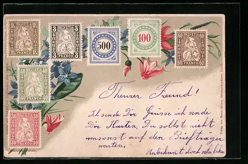 AK Helvetia, Briefmarken mit Blumen