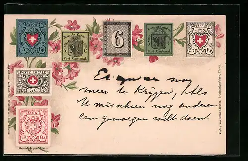 AK Genève, Briefmarken mit Blumen