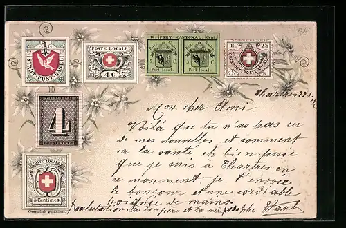 AK Basel, Stadt-Post, Briefmarken mit Edelweiss