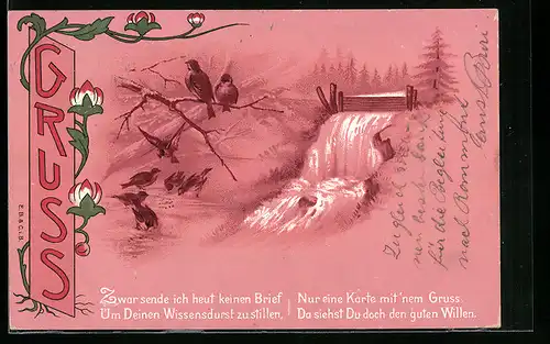 Künstler-AK Ansichtskartengeschichte, Gedicht, Bachlauf