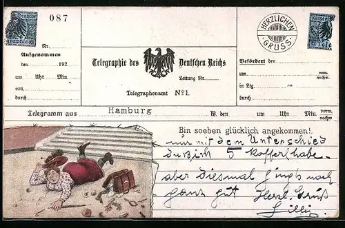 AK Telegraphie des Deutschen Reichs, Frau ist auf der Treppe ausgerutscht, Postgeschichte