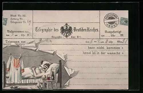 AK Telegraphie des Deutschen Reiches, Mann raucht im Bett, Postgeschichte