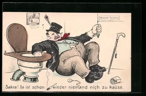 AK Dicker Mann zieht die Wasserspülung vom Klo, Toilettenhumor