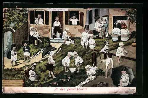 AK Kinder auf Nachttöpfen in der Ferienkolonie, Toilettenhumor