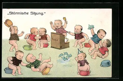AK Stürmische Sitzung, Kinder auf Nachttöpfen, Toilettenhumor