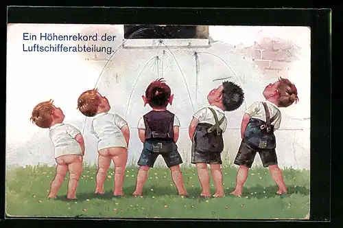 Künstler-AK Ein Höhenrekord der Luftschifferabteilung, Kinder pinkeln gegen die Wand