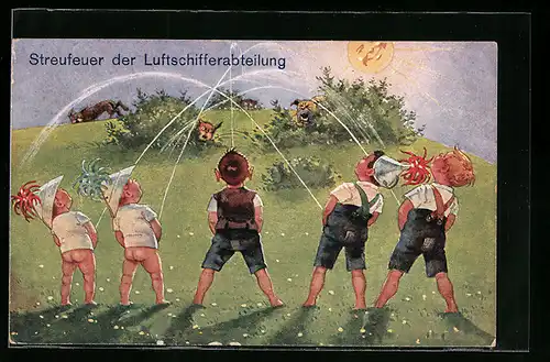 AK Streufeuer der Luftschifferabteilung, Jungen beim Pinkeln, Toilettenhumor