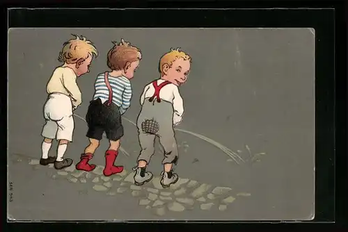 AK Drei Jungen beim Pinkeln, Toilettenhumor