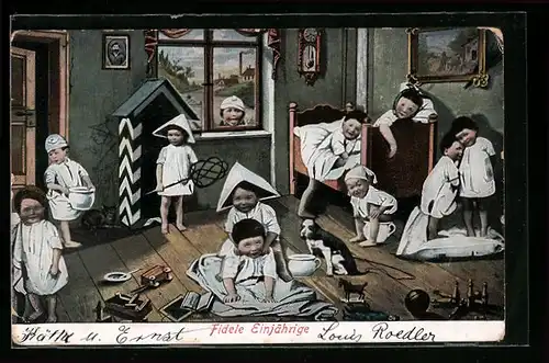 AK Toilettenhumor, Kindergruppe mit Töpfchen in einem Zimmer