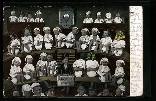 AK Kleine Kinder auf Töpfchen, Oeffentliche Sitzung