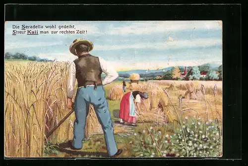 AK Bauer bei der Ernte auf dem Feld, Reklame für Kali-Dünger