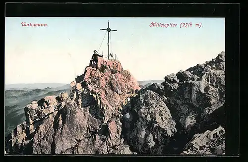 AK Bergsteiger auf dem Watzmann beim Gipfelkreuz