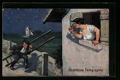 AK Mann mit Leiter nachts bei Frau am Fenster, Erotik