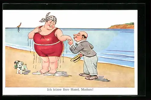 Künstler-AK Ich küsse Ihre Hand, Madam!, dicke Frau am Strand