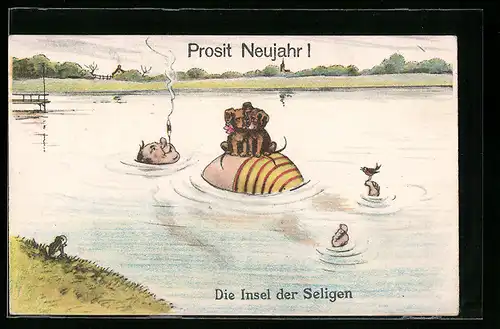 AK Zwei Hunde auf dickem Bauch von Mann im Wasser