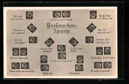 AK Briefmarkensprache, Du bist mein Glück, Ich komme, Bleibe brav
