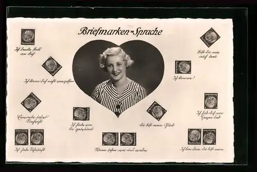 AK Mädchen im Herzen, Briefmarkensprache Du bist mein Glück, Ich habe von dir geträumt