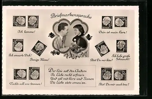 AK Briefmarkensprache, Trautes Paar im Glückskleeblatt