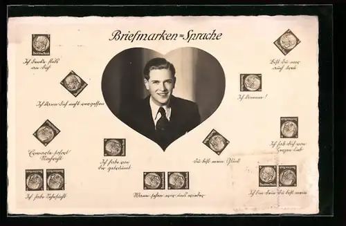 AK Briefmarkensprache, junger Herr in einem Herz, versch. Briefmarken