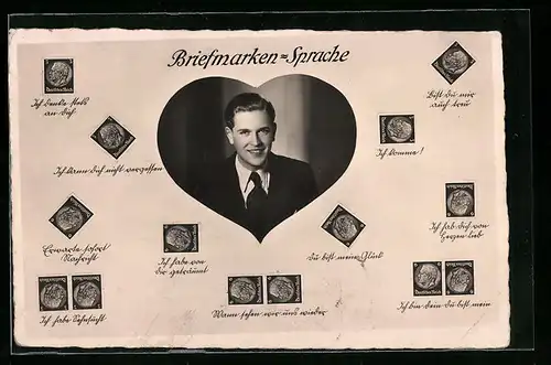 AK Briefmarkensprache, junger Herr in einem Herz, versch. Briefmarken