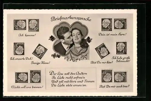 AK Briefmarkensprache, Ich komme!, Innige Küsse!, Liebespaar im Kleeblatt
