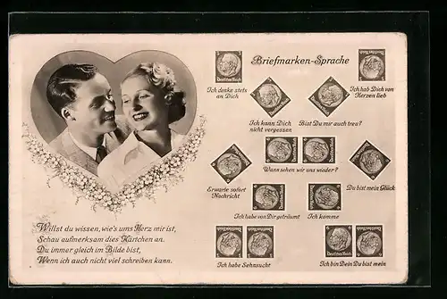 AK Briefmarkensprache: Ich denke stets an Dich & Ich komme, Liebespaar im Herz
