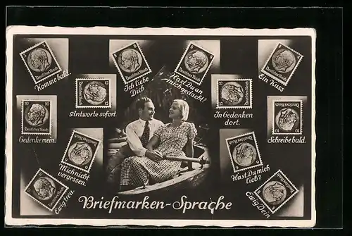 AK Junges Liebespaar in einem Ruderboot, Briefmarkensprache