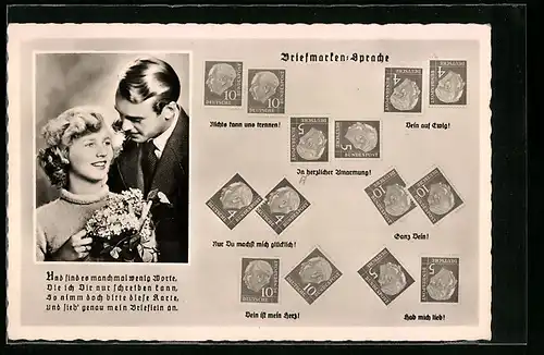 AK Briefmarkensprache, Rosen in Vase, Theordor Heuss, Motivsprüche, Ganz dein, Hab mich lieb