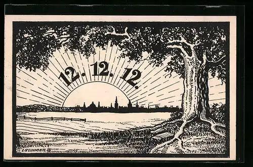 AK Stadtsilhouette mit Sonne und Baum, 12.12.12