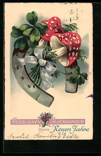 AK Hufeisen mit Pilzen und Kleeblättern, Neujahrsgruss