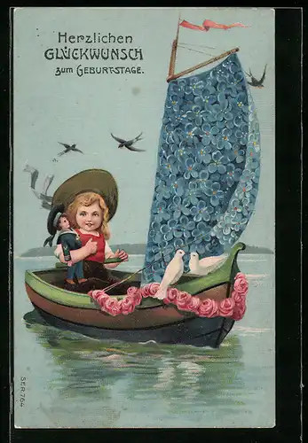 Präge-AK Mädchen mit Matrosenpuppe im Boot, Blumenbild, Geburtstagsgruss