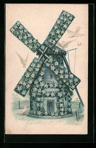 Präge-AK Windmühle aus Vergissmeinnicht, Blumenbild
