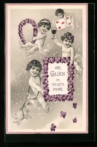 Präge-AK Nackte Kinder mit Hufeisen aus Blumen und Brief, Neujahrsgruss