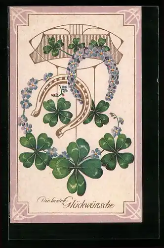 Präge-AK Hufeisen aus Blumen mit Kleeblättern, Glückwunsch