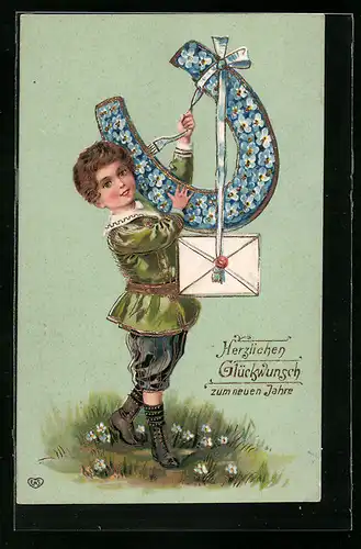 Präge-AK Junge mit Hufeisen aus Vergissmeinnicht und Brief, Neujahrsgruss