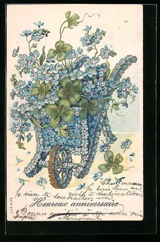 Präge-AK Karren aus Vergissmeinnicht mit Kleeblättern, Blumenbild, Geburtstagsgruss