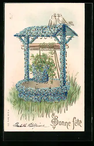 Präge-AK Brunnen aus Vergissmeinnicht, Blumenbild, Geburtstagsgruss